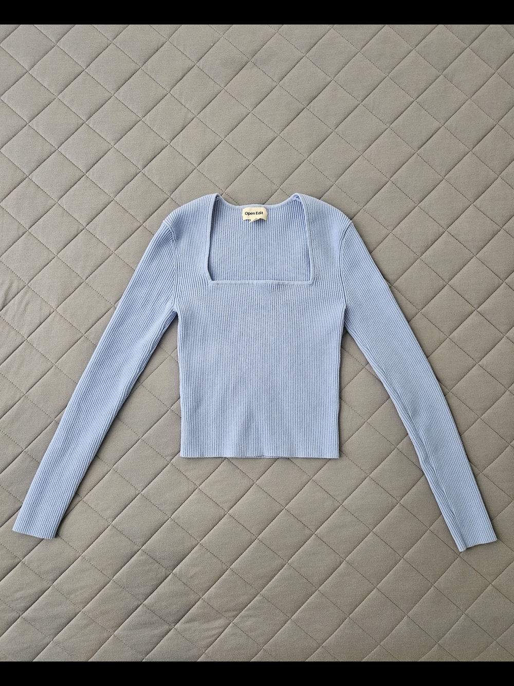 Open Edit Ribbed Square-Neck Long Sleeve Top - Light Blue Size XS Minimalist - Picture 2 of 7